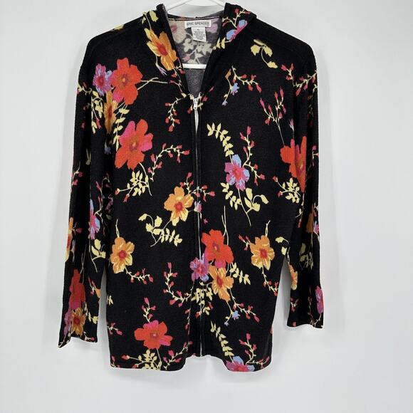 Eric Spencer Sweater Womens XL Black Floral Print Hooded Zip Up Pullover Cottage - Picture 1 of 10